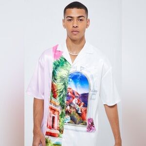 Boohoo Man Revere Spice Satin Artsy Shirt XL White Novelty Print Short Sleeve